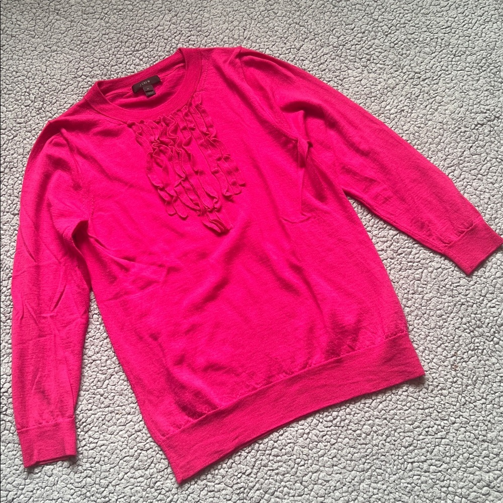 Bright Pink Ruffle-Front Crewneck Sweater - Picture 3 of 9